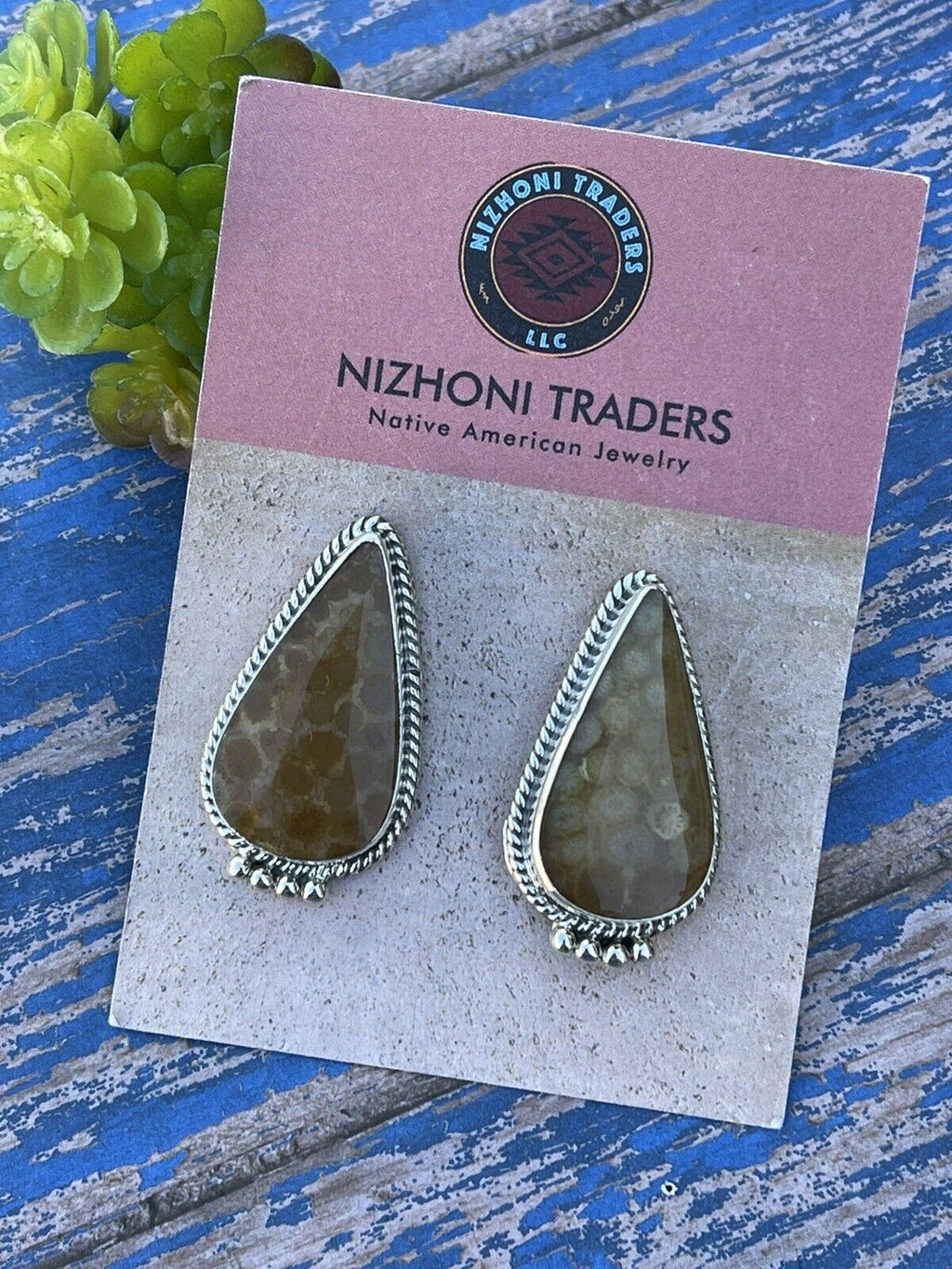Handcrafted Fossilized Coral & Sterling Silver Post Earrings Signed