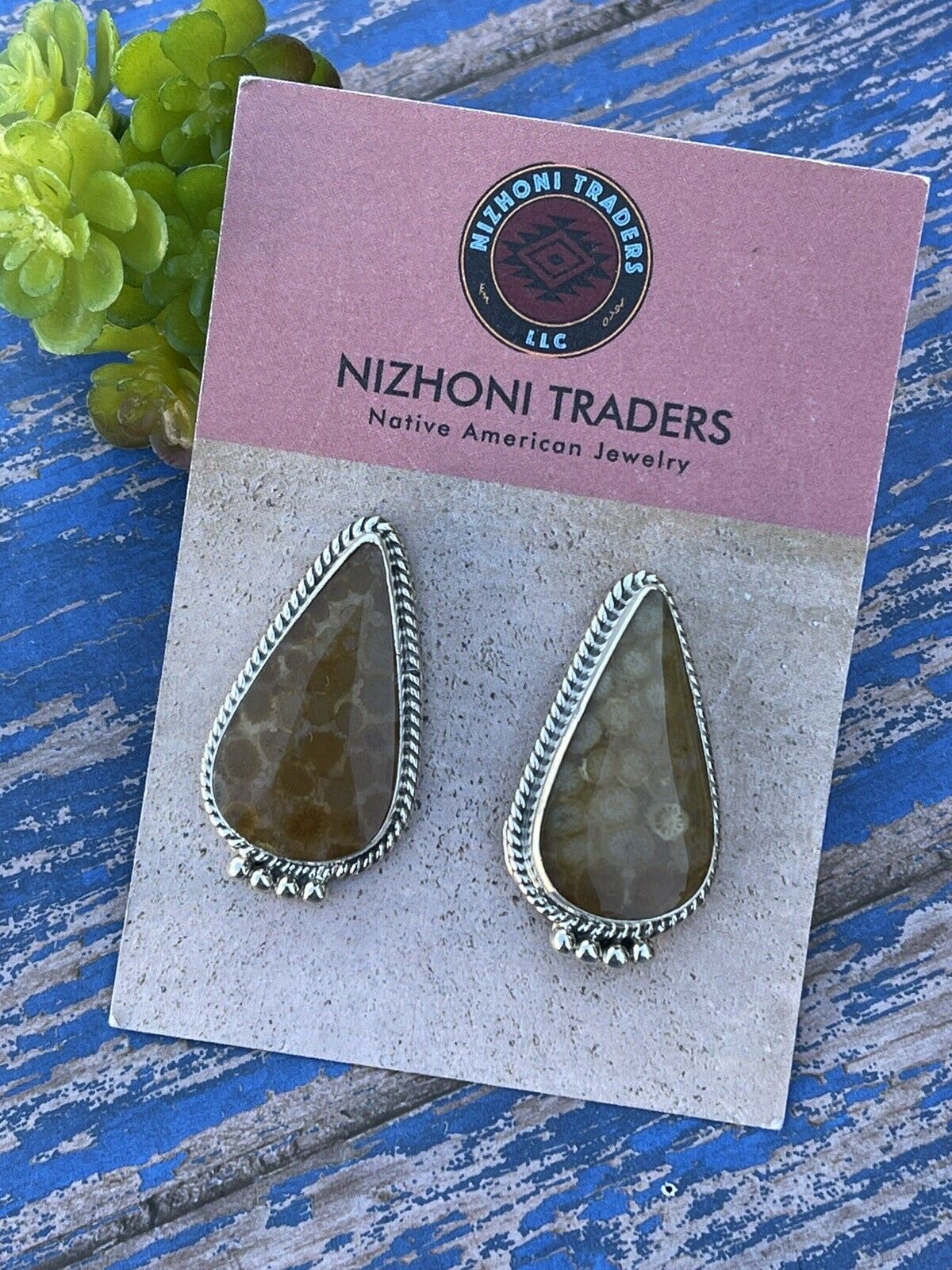 Handcrafted Fossilized Coral & Sterling Silver Post Earrings Signed