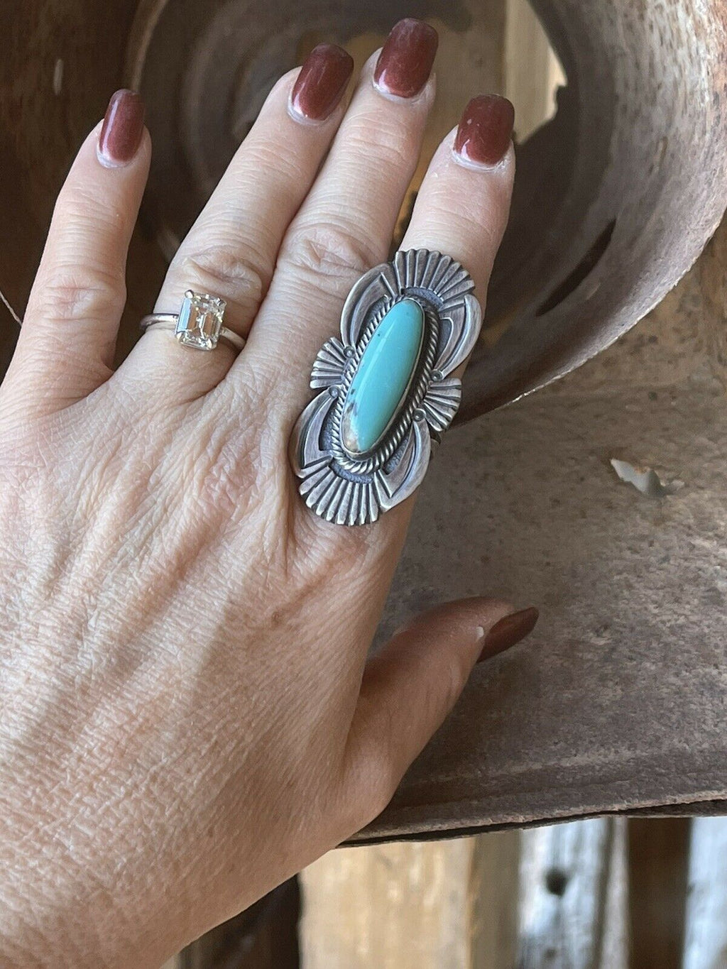Handcrafted Turquoise & Sterling Silver Handcrafted Deco Ring Size 7.5