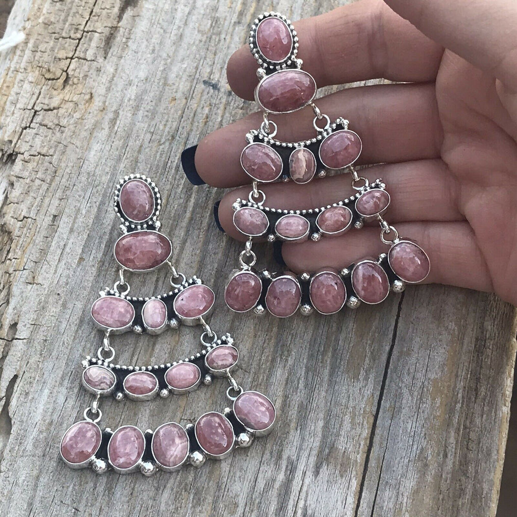 Sterling Silver Rhodochrosite Stone Dangle Earrings Artist E. Spencer