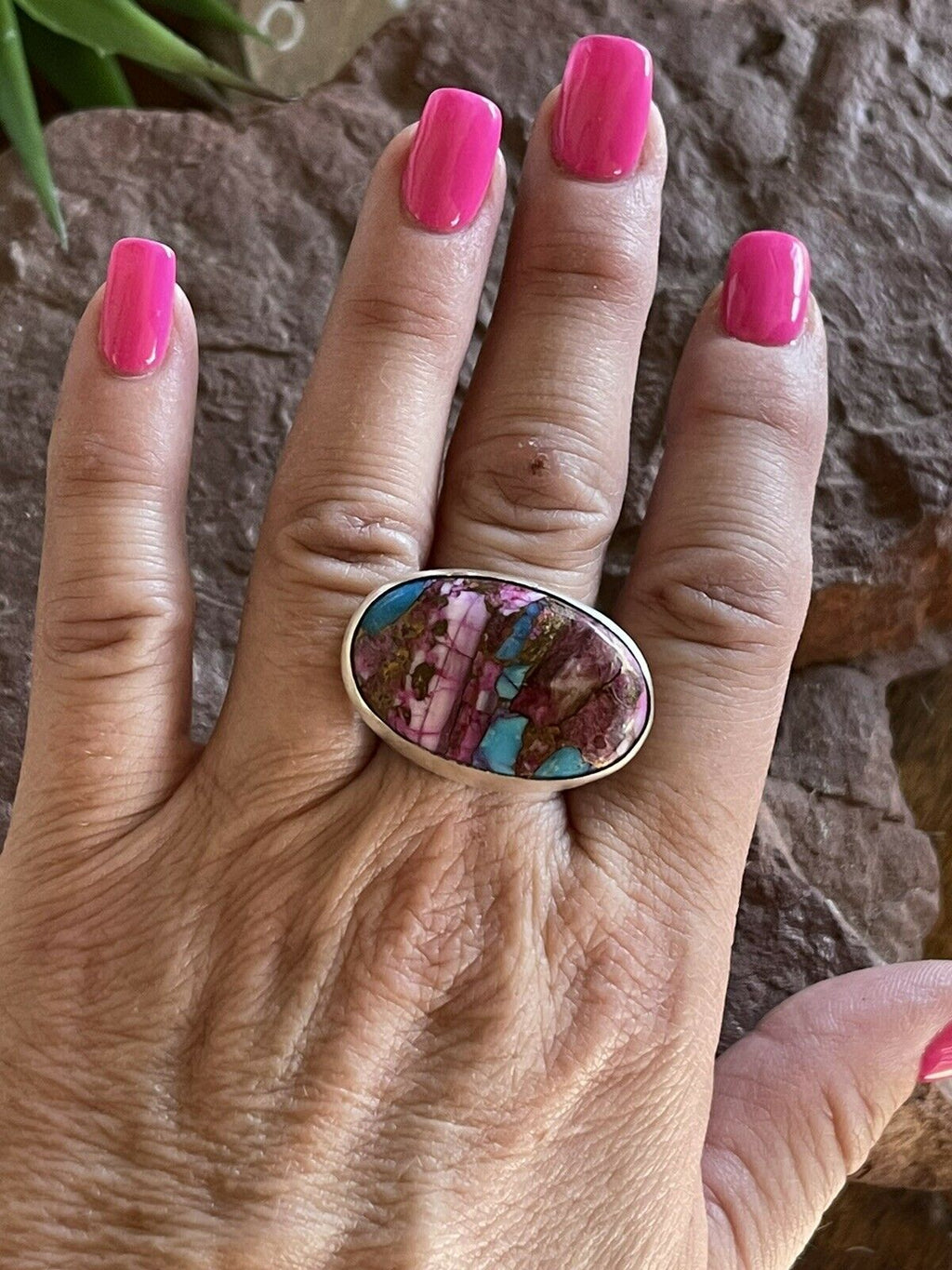 Handcrafted Pink Dream Mojave Oval Rope & Sterling Silver Adjustable Ring