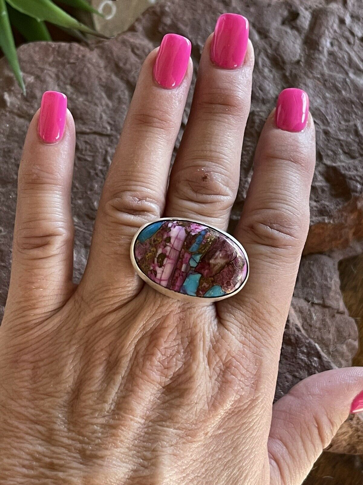 Handcrafted Pink Dream Mojave Oval Rope & Sterling Silver Adjustable Ring