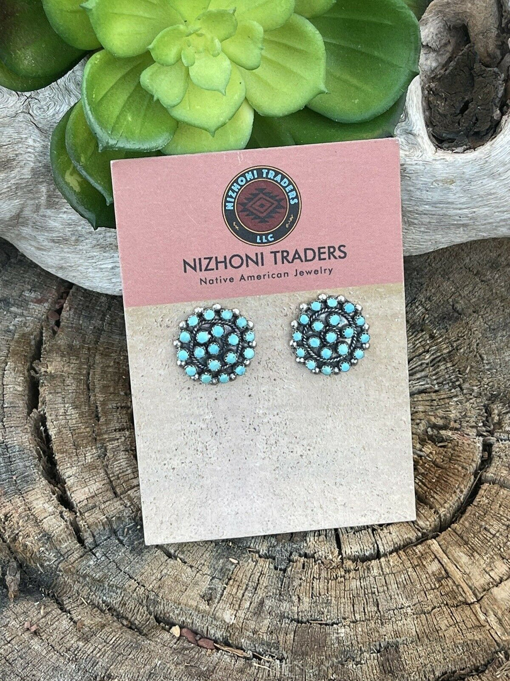 Handcrafted Sterling Silver & Turquoise Cluster Stud Earrings Signed LW
