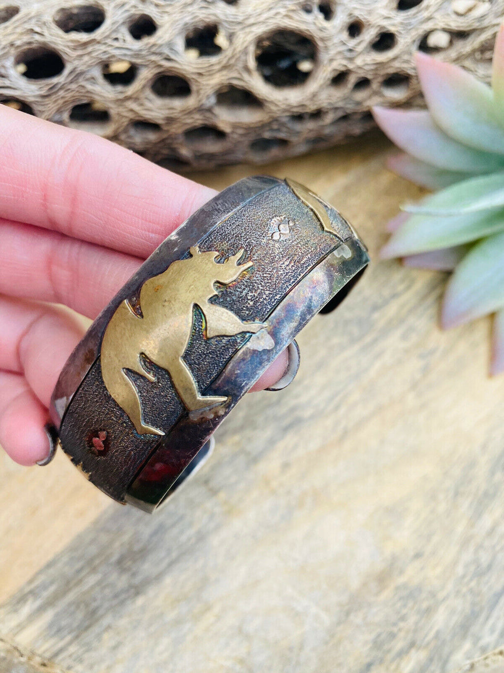 Handcrafted Vintage Sterling Silver & Copper Bear Cuff Bracelet Signed