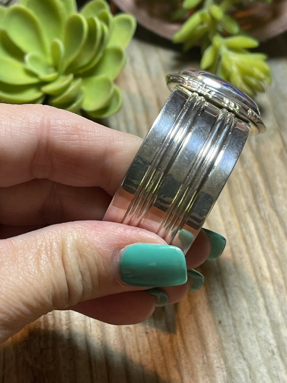 Handcrafted Sterling Silver & Rainbow Stone Signed Cuff Bracelet