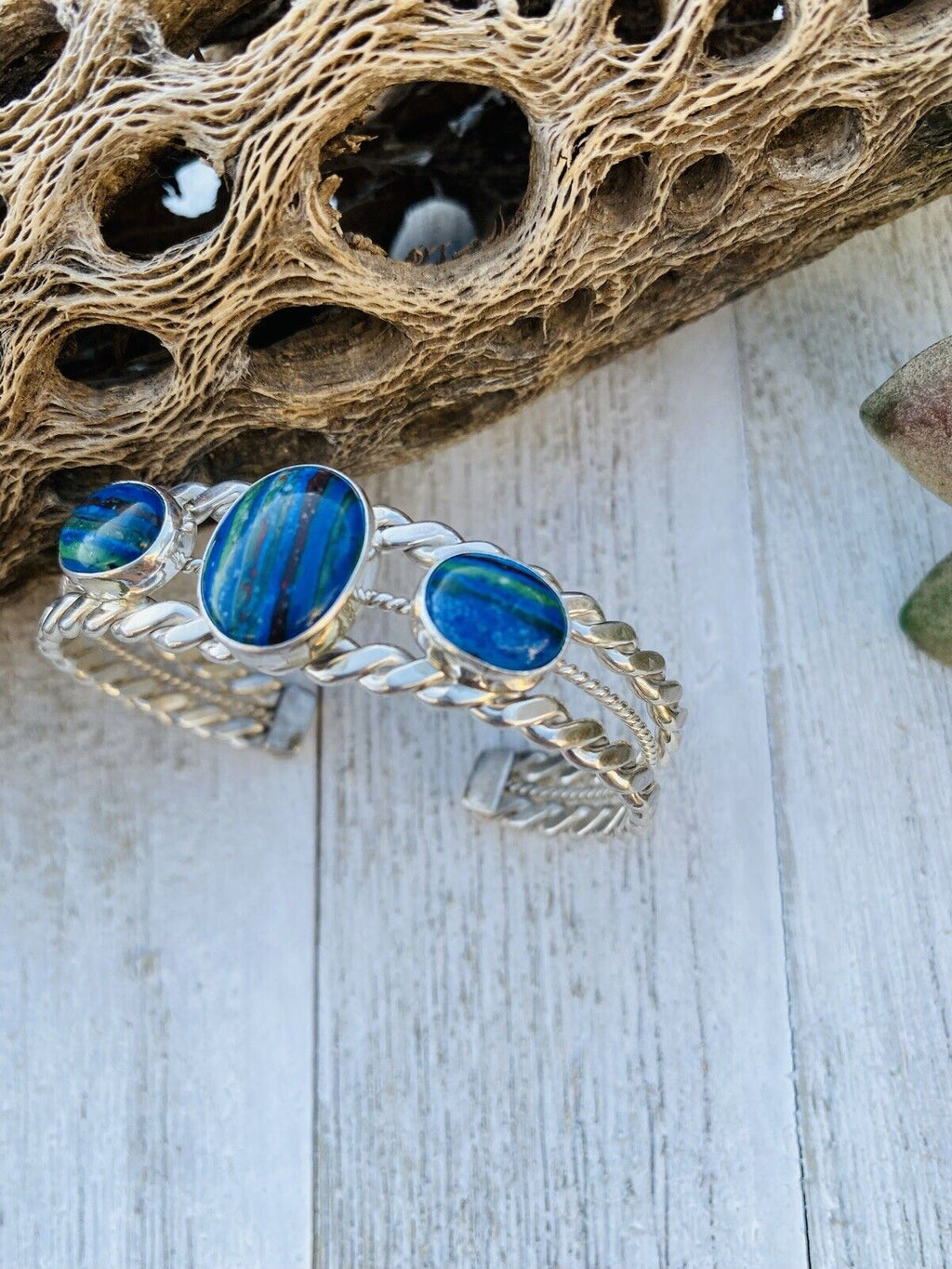 Unique Handcrafted Sterling Silver & Rainbow 3 stone Cuff Bracelet