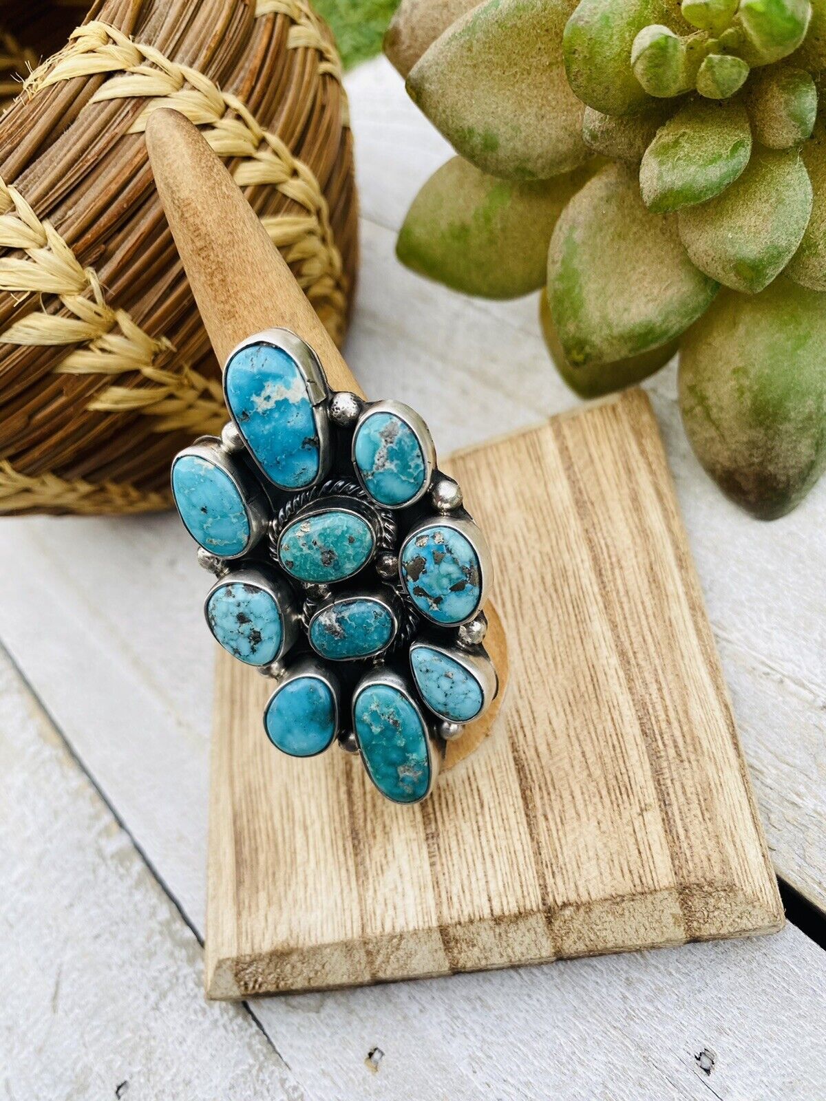 Handcrafted Turquoise & Sterling Silver Cluster Adjustable Ring