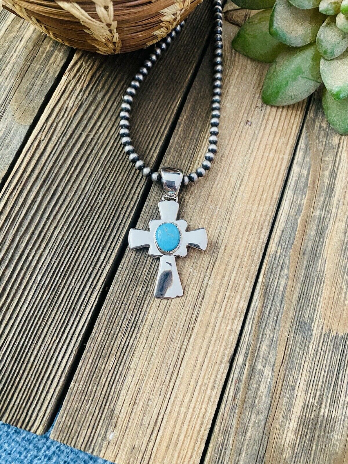 Handcrafted Sterling Silver & Turquoise Cross Pendant Signed