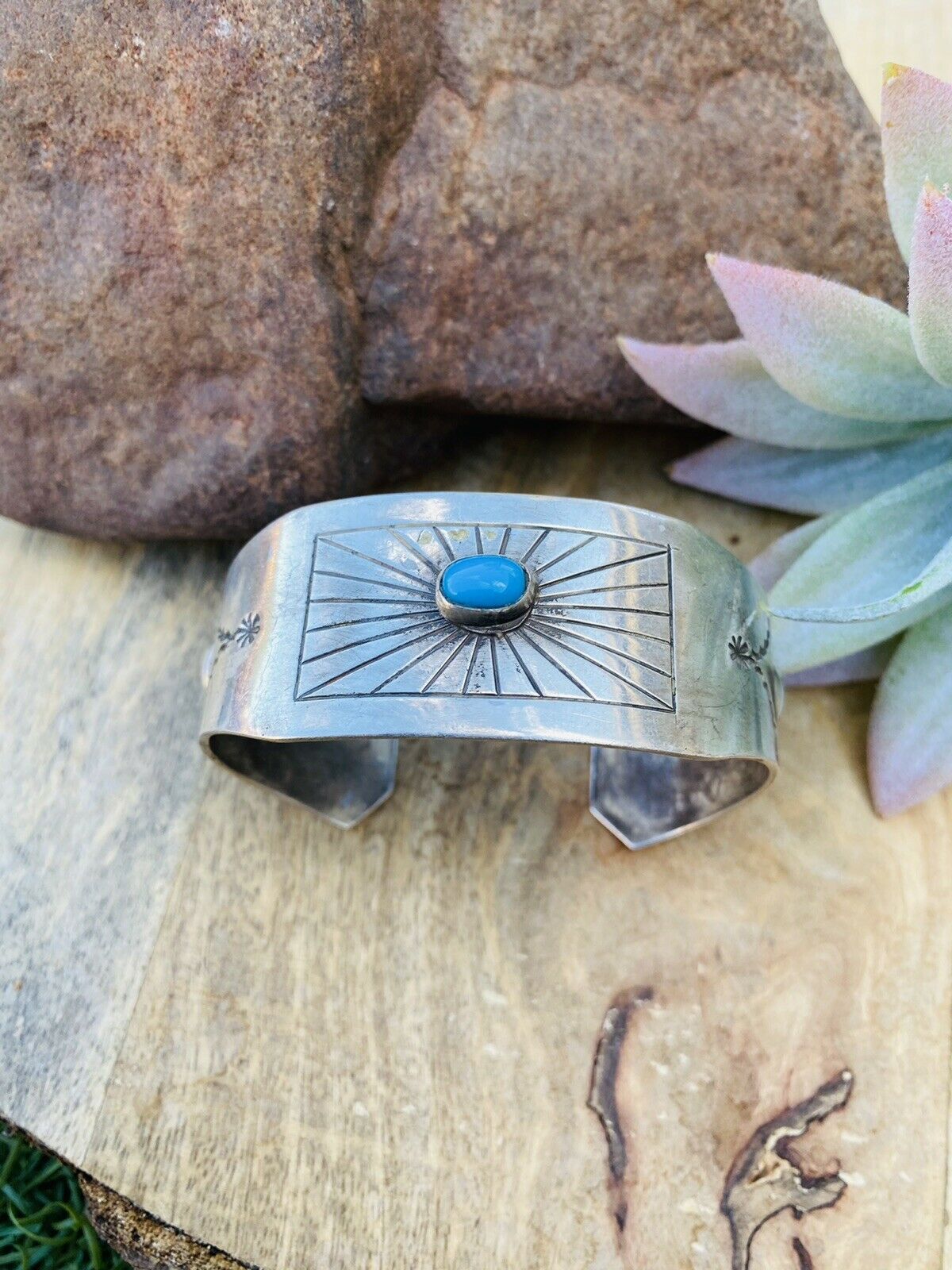 Handcrafted Vintage Turquoise & Sterling Silver Cuff Bracelet Signed