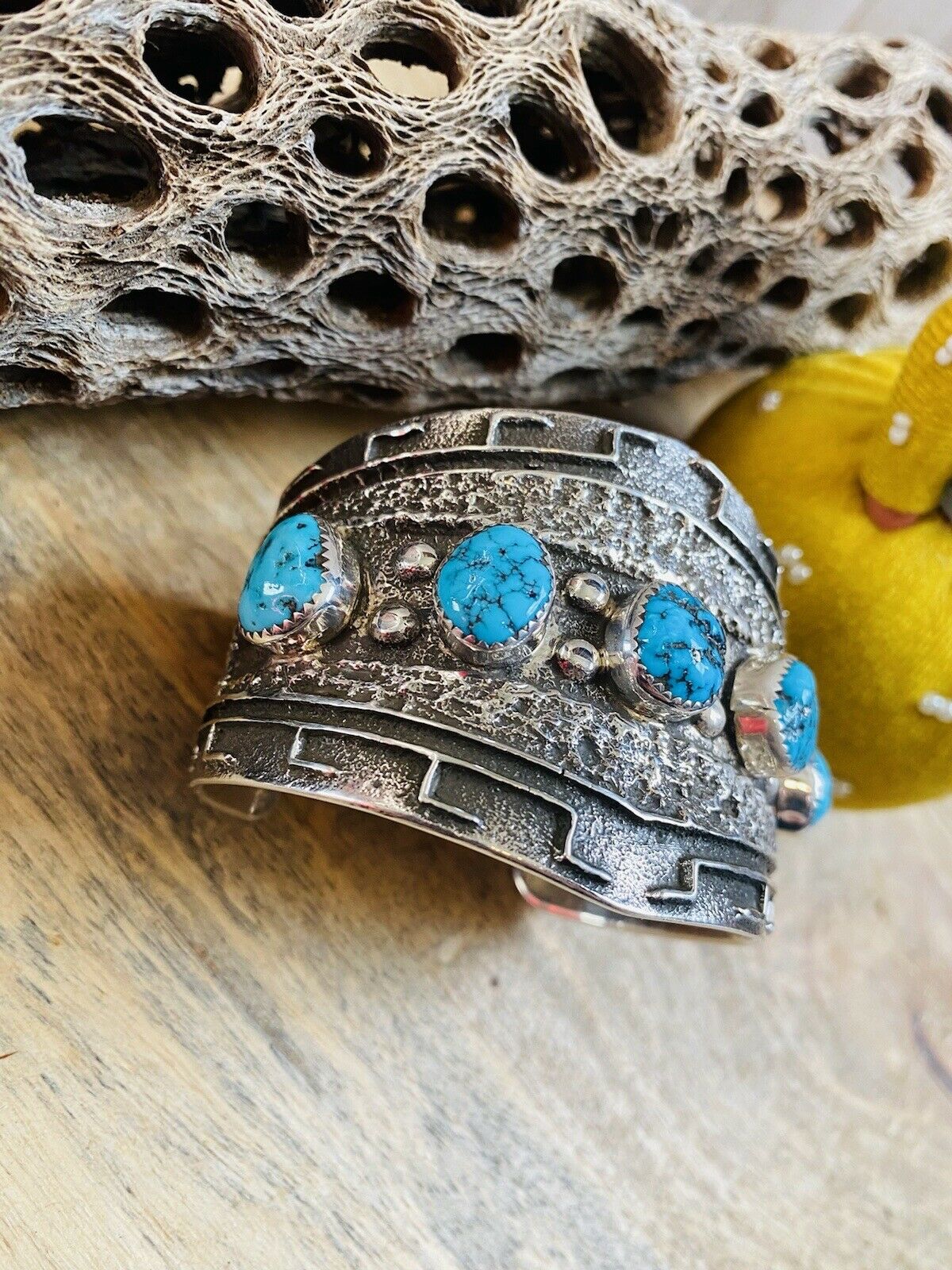 Handcrafted Kingman Turquoise & Hand Stamped Sterling Silver Cuff Bracelet