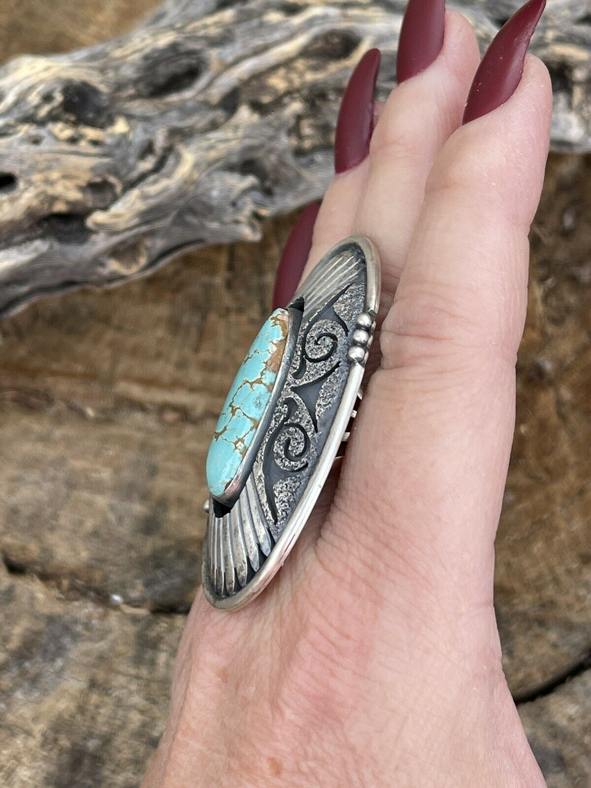 Handcrafted Number 8 Turquoise & Sterling Silver Statement Ring Size 8.5 Signed