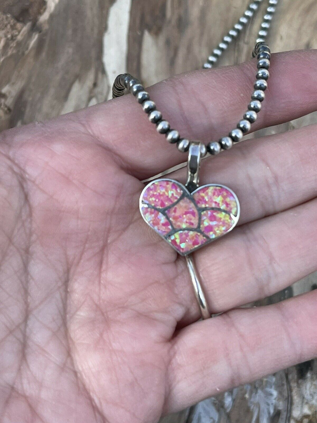 Handcrafted Iridescent Pink Opal & Sterling Silver Heart Pendant