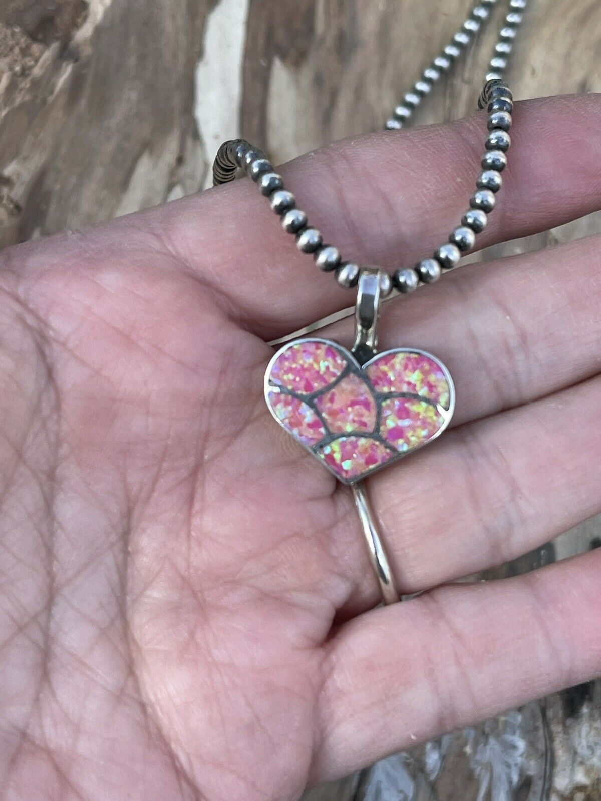 Handcrafted Iridescent Pink Opal & Sterling Silver Heart Pendant