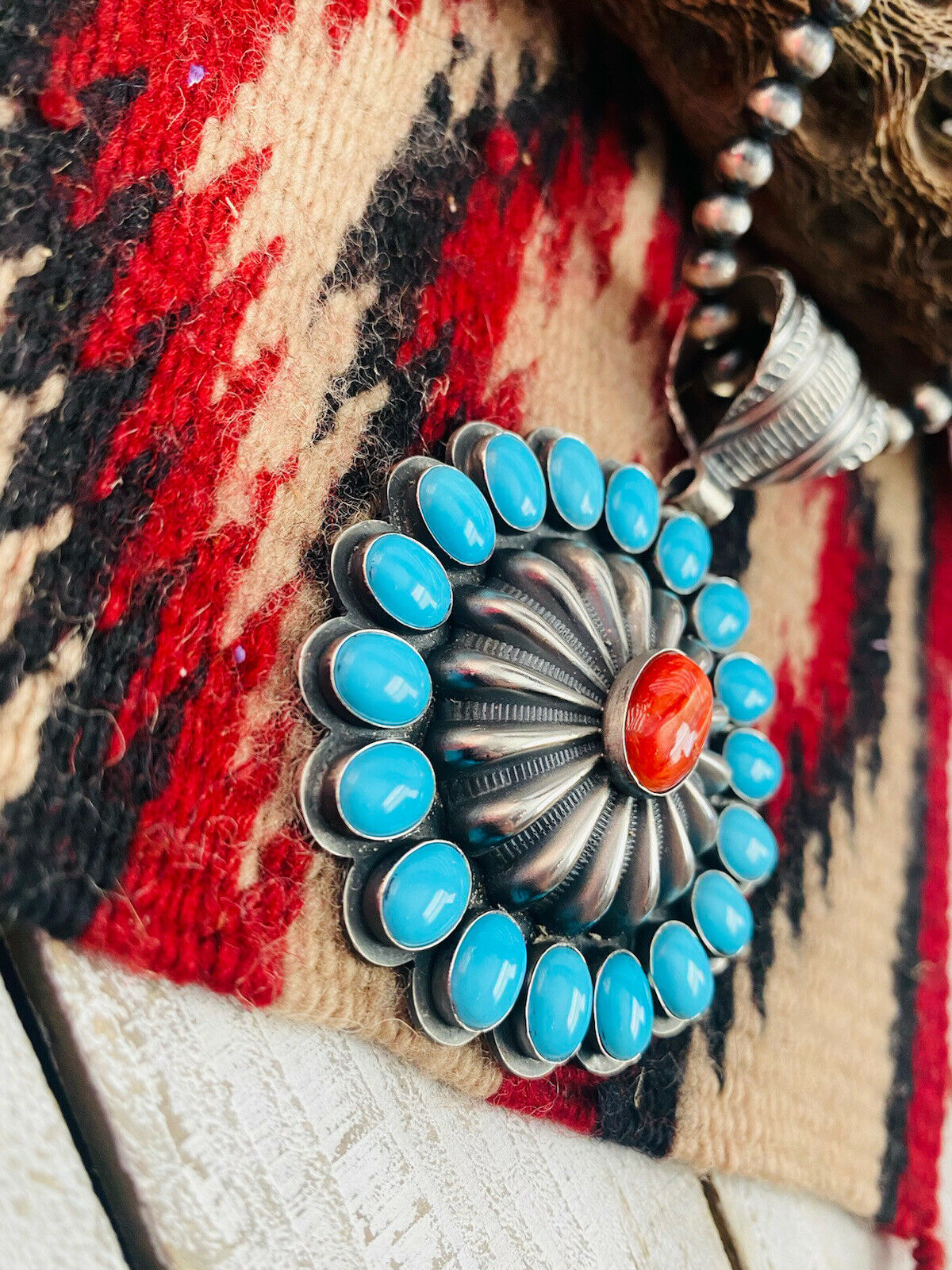 Handcrafted Sterling Silver, Turquoise & Red Spiny Pendant Signed