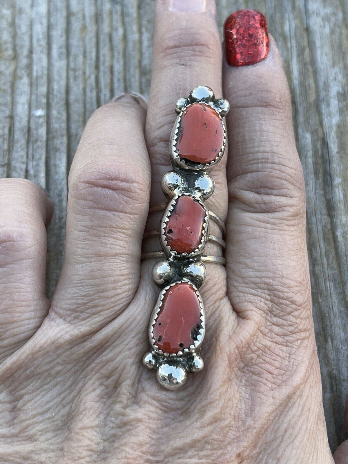 Handcrafted Sterling Silver Natural Coral Three Stone RIng Sz 5.5