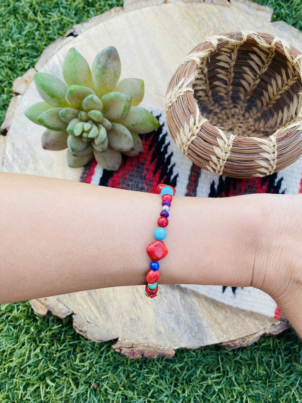 Handcrafted Coral & Multi Stone Sterling Silver Beaded Bracelet