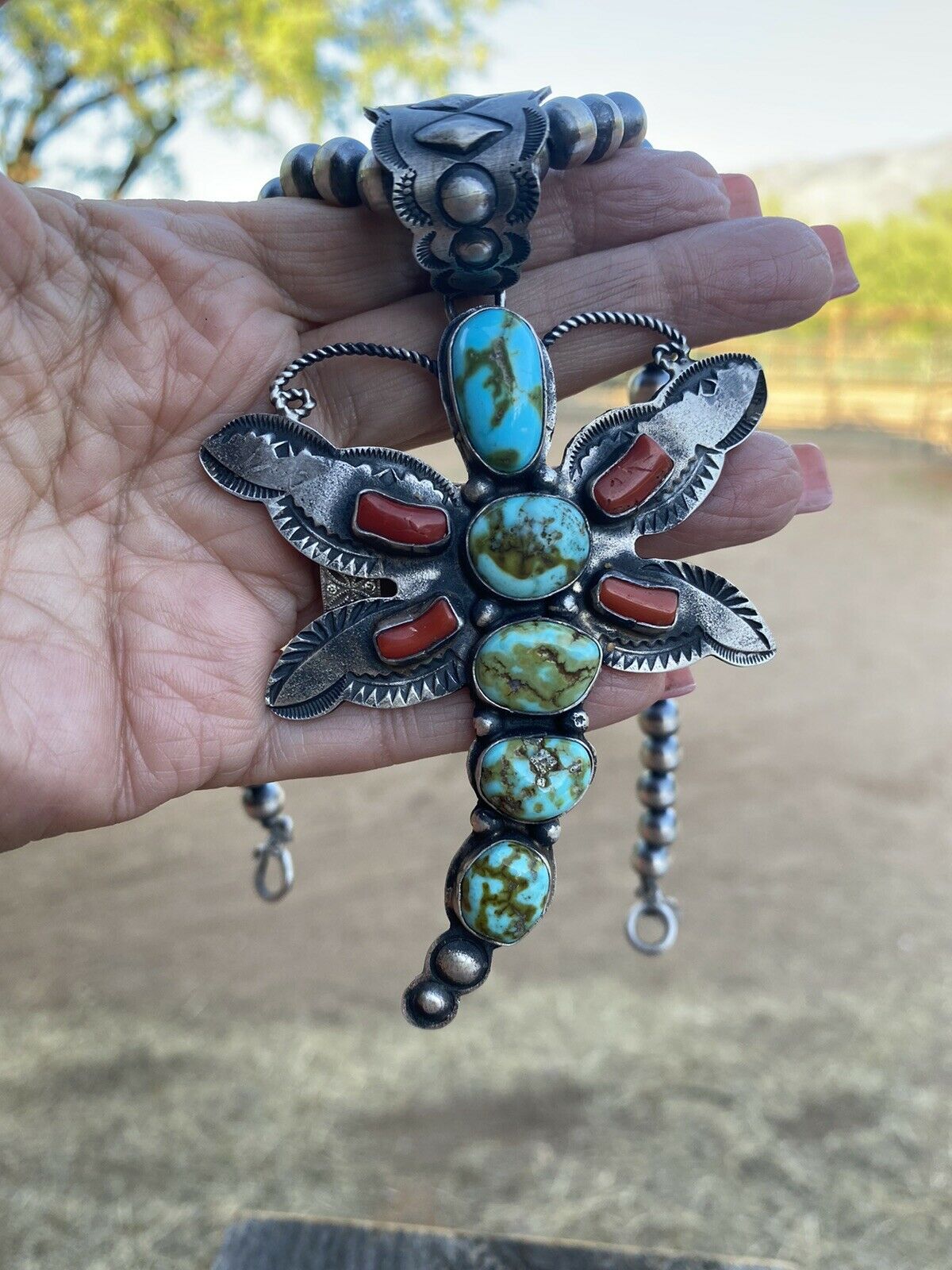 Handcrafted Shawn Cayatenito Sterling Silver Kingman  Turquoise & Coral Dragonfly Pendant