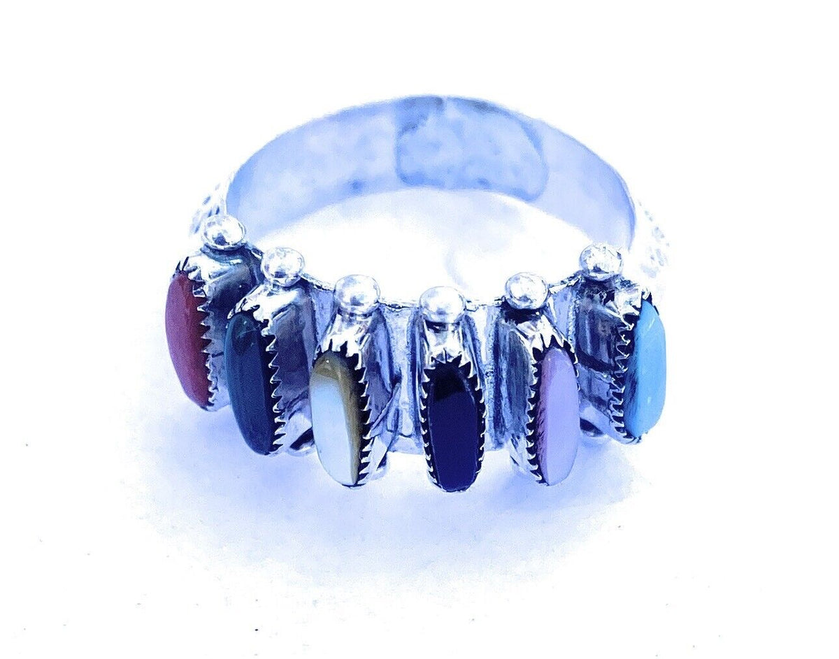 Handcrafted Sterling Silver & Multi Stone Needlepoint Band Ring