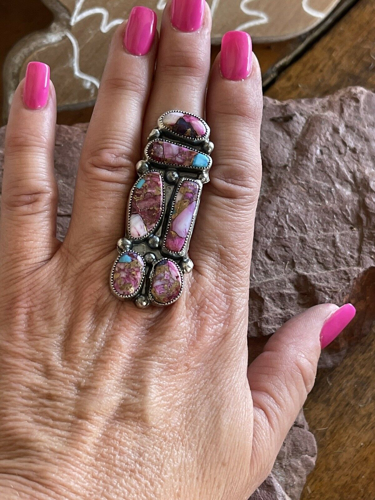 Handcrafted 6 stone Pink Dream Mojave & Sterling Silver Ring Size 8