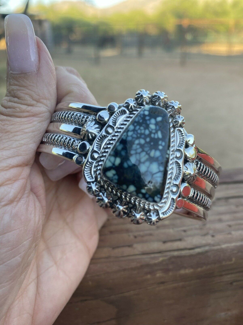 Handcrafted New Lander Turquoise & Sterling Silver Bracelet Cuff Signed