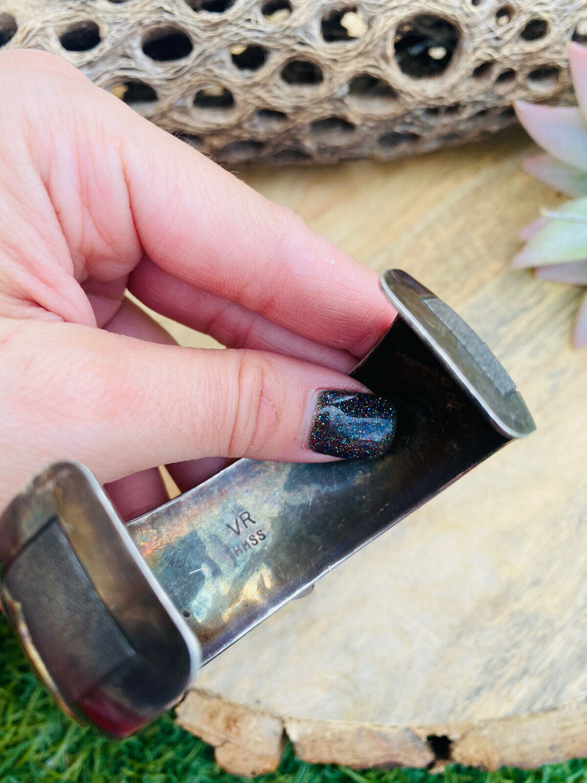 Handcrafted Vintage Sterling Silver & Copper Bear Cuff Bracelet Signed