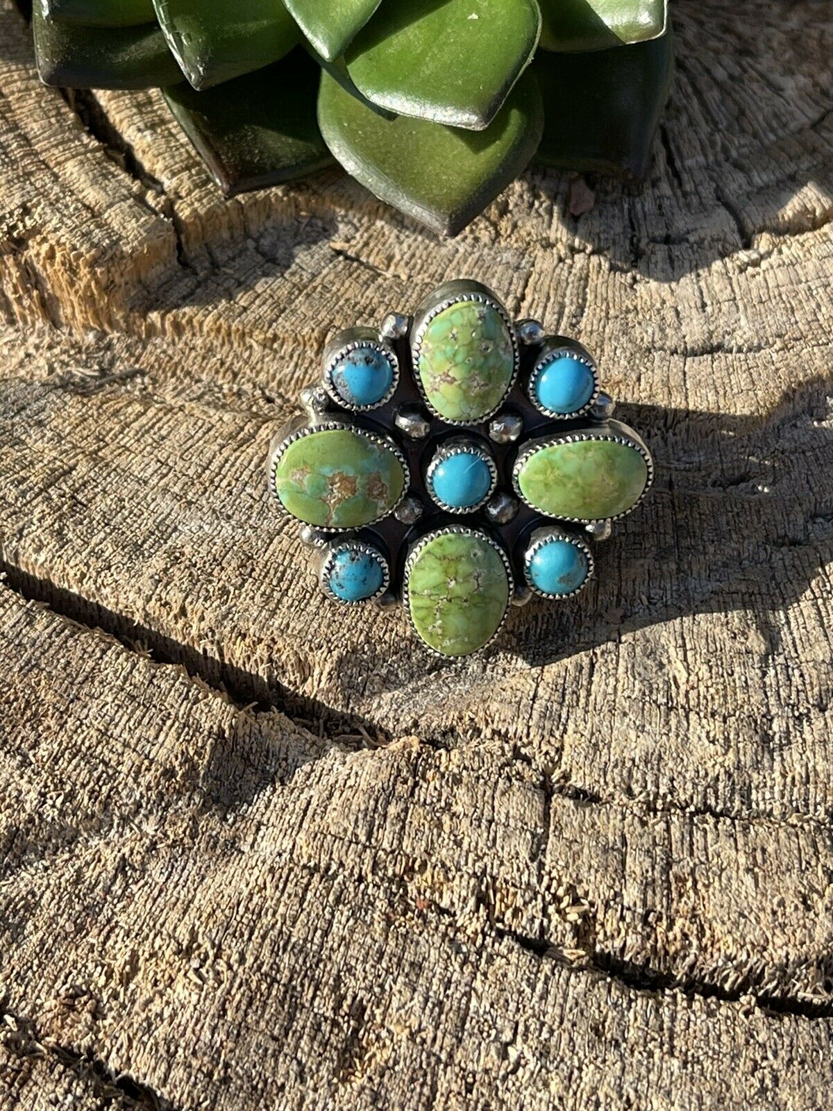Handcrafted Sterling Sonoran Gold And Golden Hills Turquoise Cluster Ring Size 7