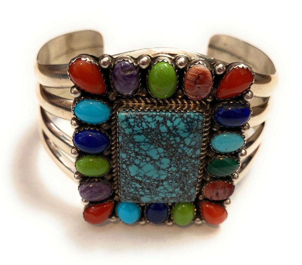 Handcrafted & Amazing Multi Stone & Sterling Silver Cuff Bracelet Signed