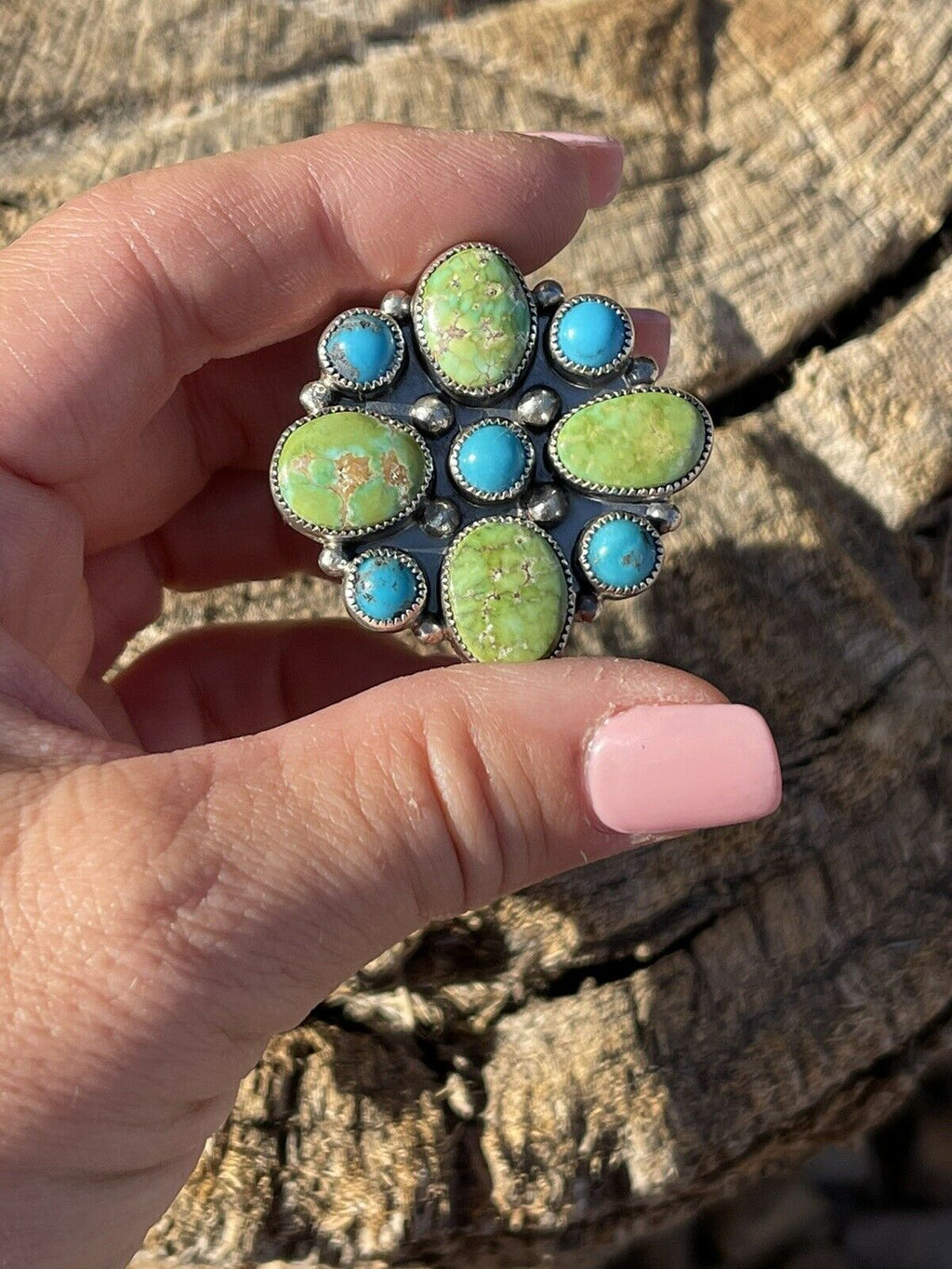Handcrafted Sterling Sonoran Gold And Golden Hills Turquoise Cluster Ring Size 7