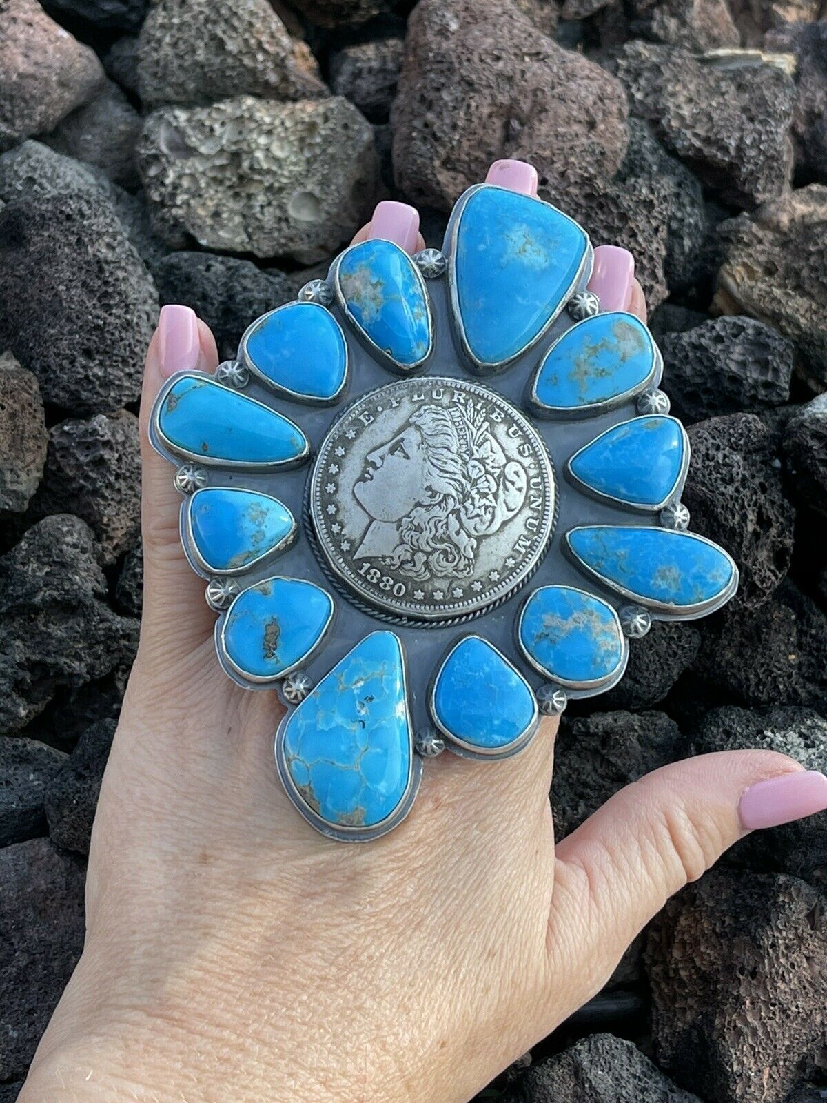 Handcrafted Sterling Silver Coin & Kingman Turquoise Adjustable Ring
