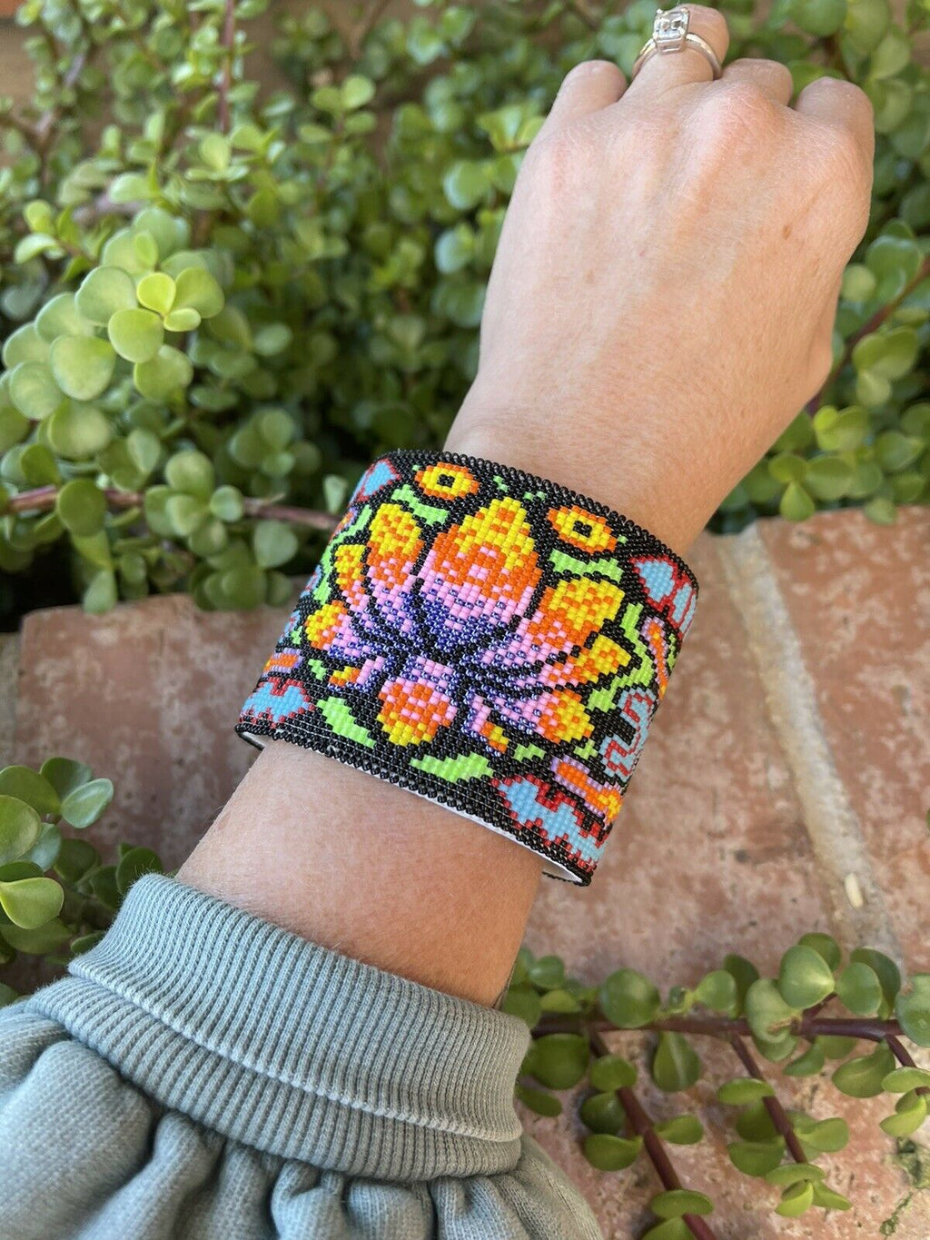 Handcrafted Beaded Flower Lotus Cuff Bracelet