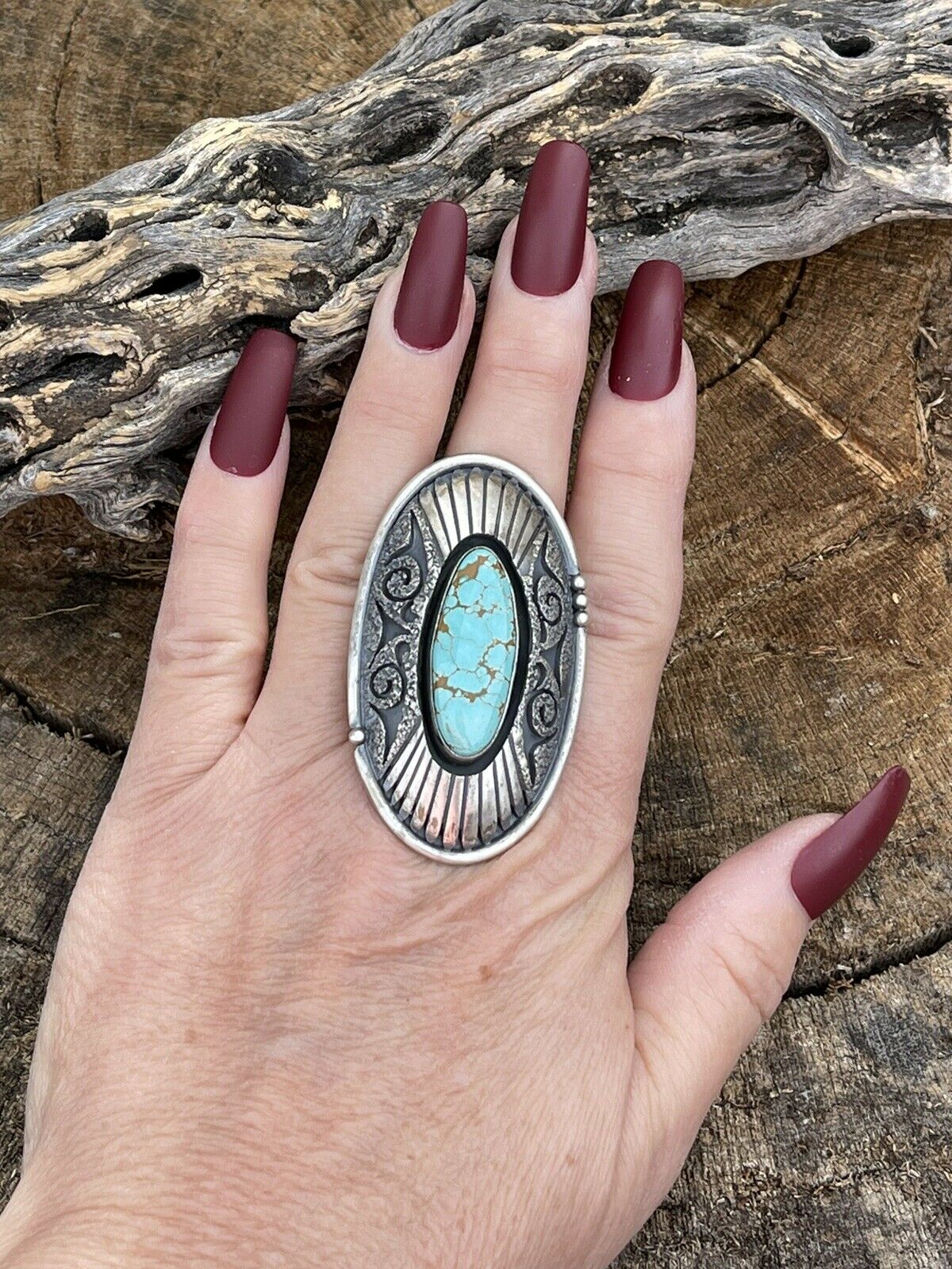 Handcrafted Number 8 Turquoise & Sterling Silver Statement Ring Size 8.5 Signed