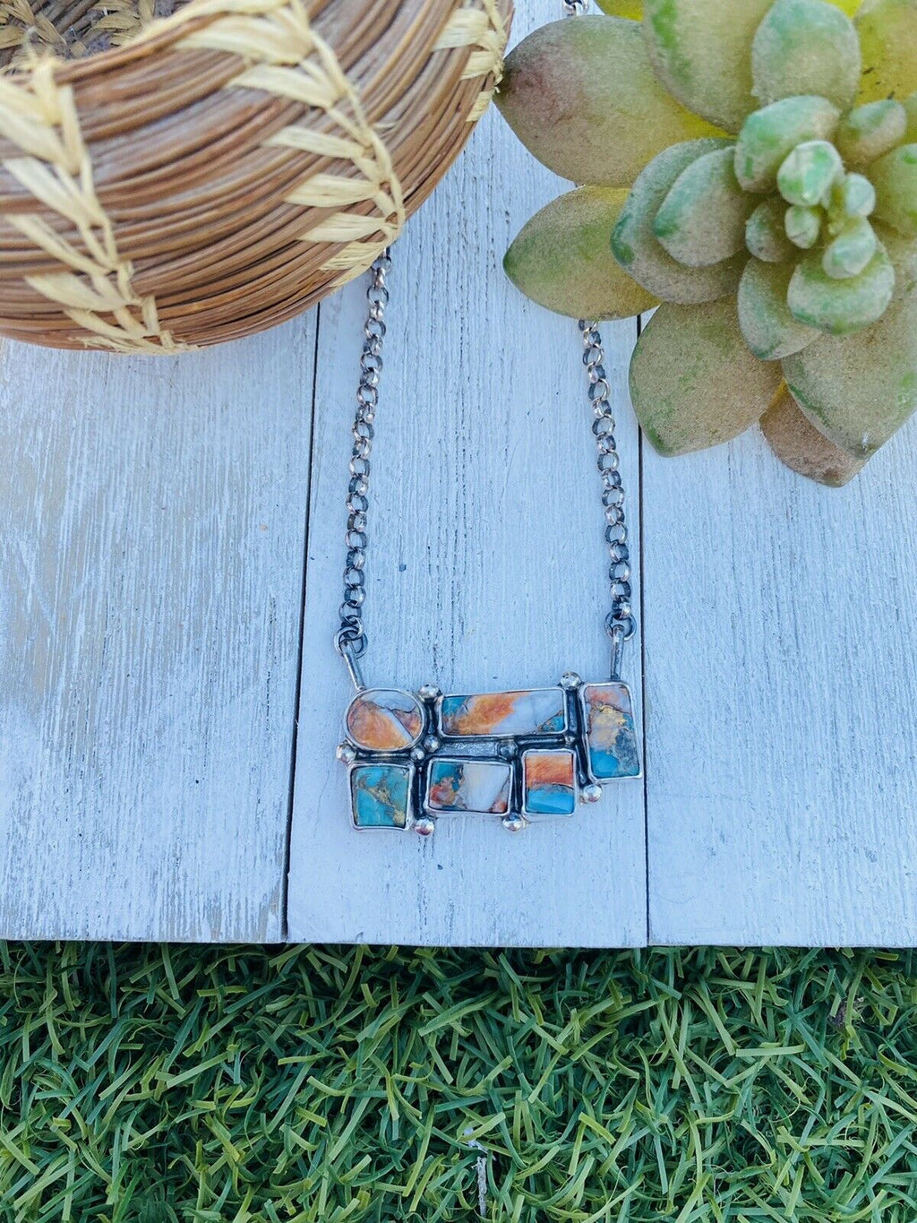 Handcrafted Sterling Silver & Multi Stone Spice Necklace Signed
