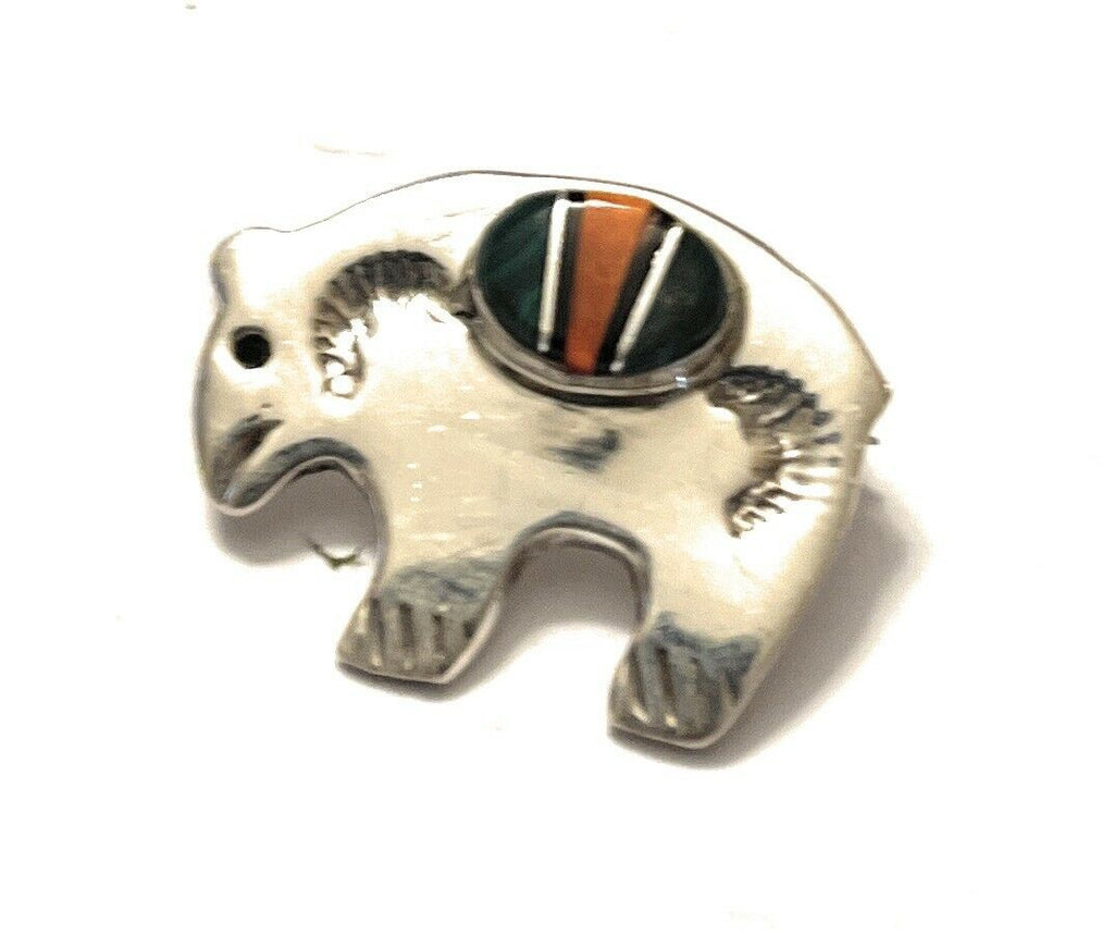 Handcrafted Sterling Silver Multi Stone Buffalo Pendant Pin Signed