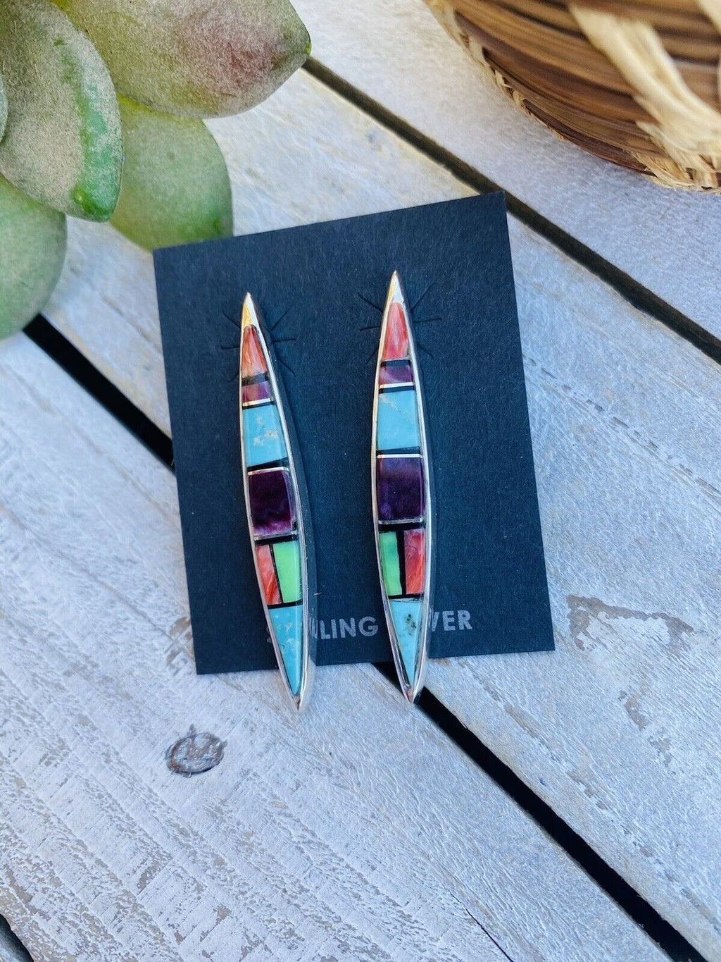 Handcrafted Multi Stone And Sterling Silver Inlay Dangle Earrings