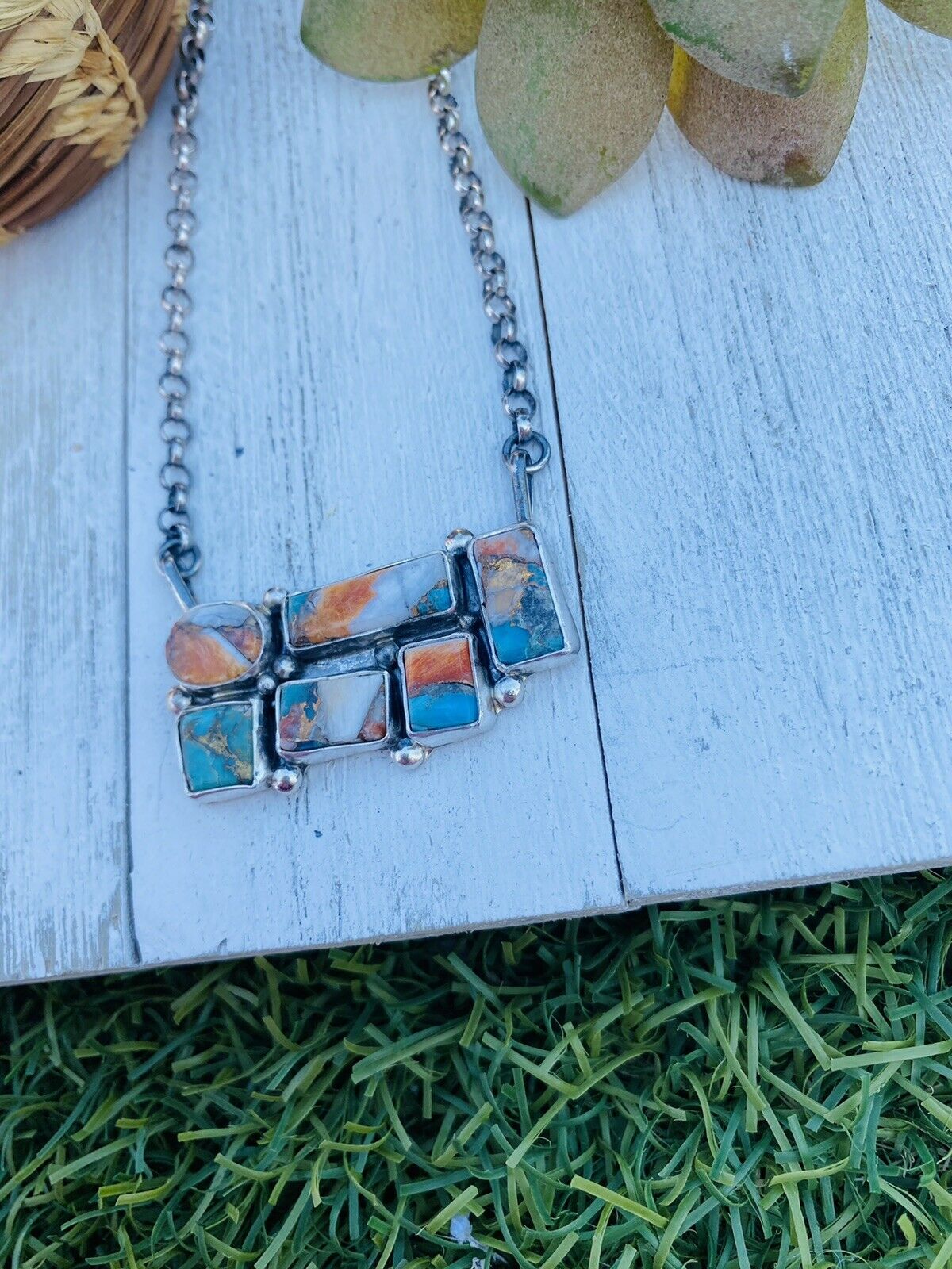 Handcrafted Sterling Silver & Multi Stone Spice Necklace Signed