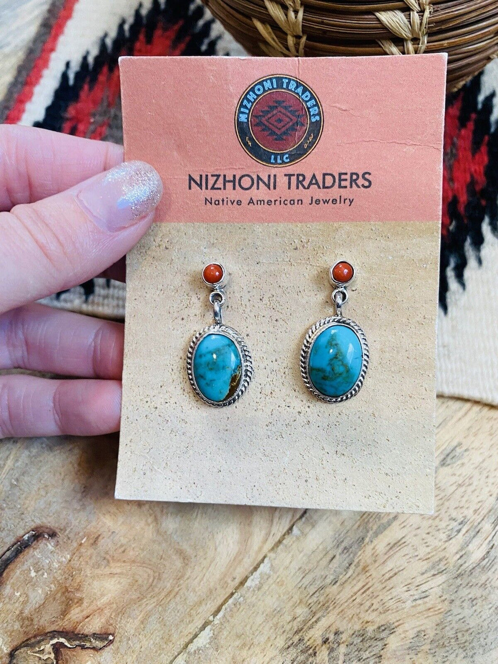 Handcrafted Turquoise, Coral & Sterling Silver Dangle Earrings