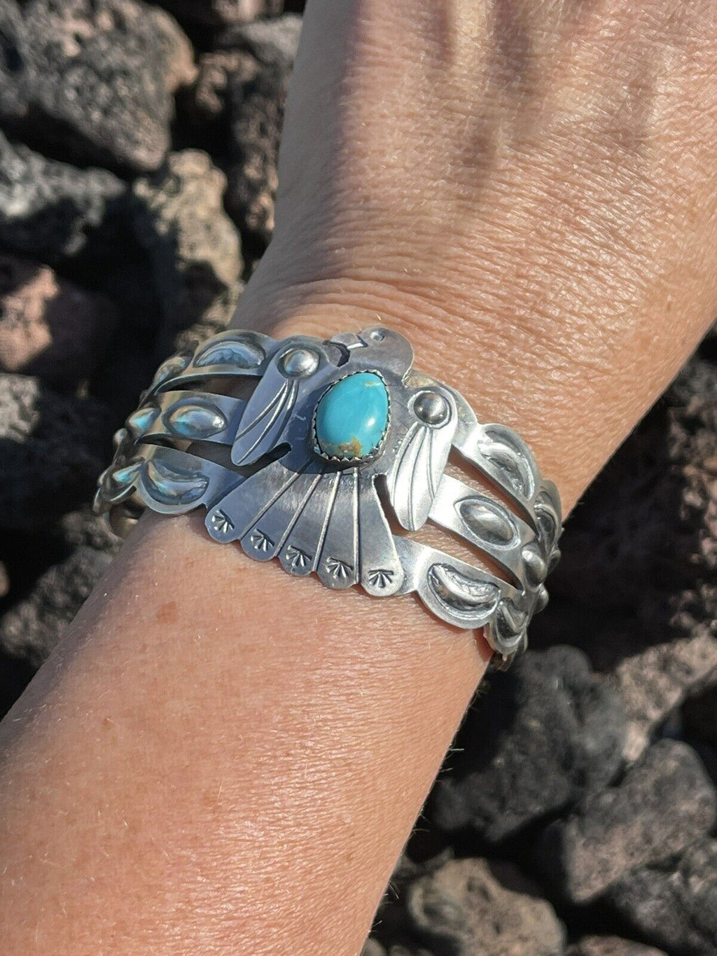Sterling Silver Handcrafted Stamped Turquoise Thunderbird Cuff