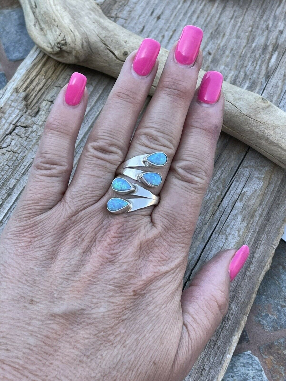 Handcrafted Sterling Silver Bright Blue Opal Adjustable 4 Stone Ring