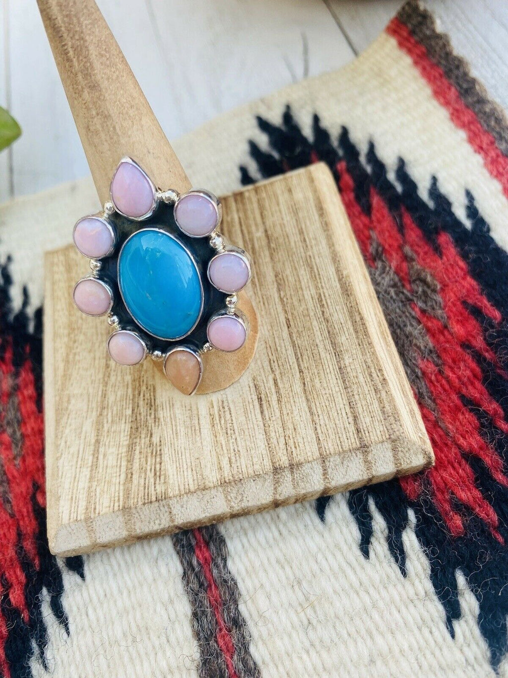 Handcrafted Rhodochrosite, Turquoise & Sterling Silver Cluster Ring Size 8.5