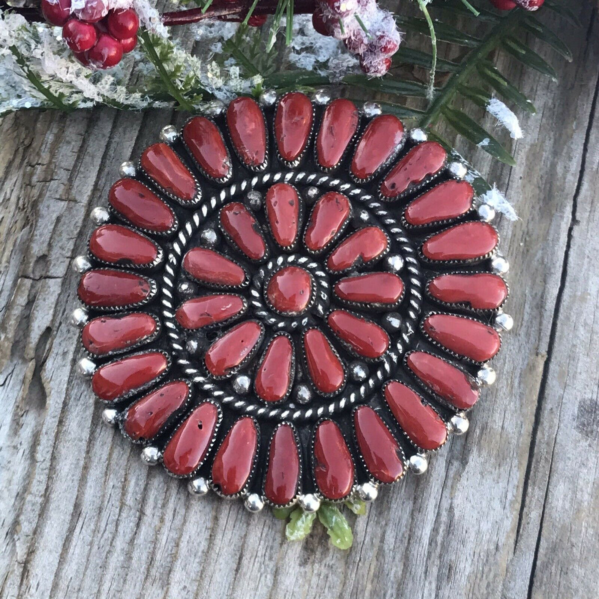 Handcrafted Jumbo Sterling Silver  Natural Red Coral Cluster Pendant/pin Signed