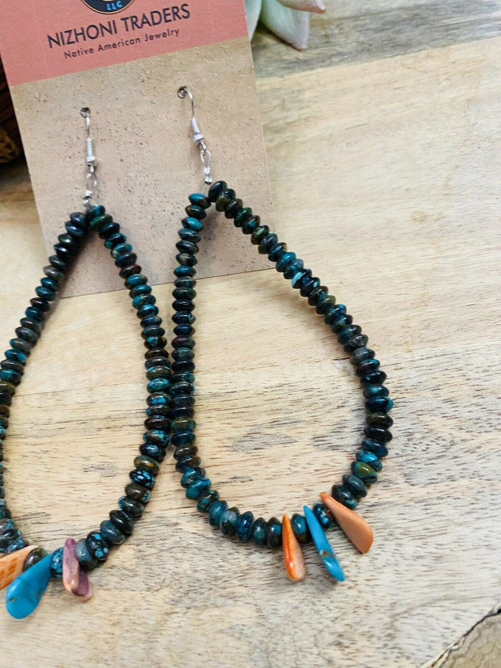 Turquoise & Spiny Oyster Beaded Dangle Hoop Earrings