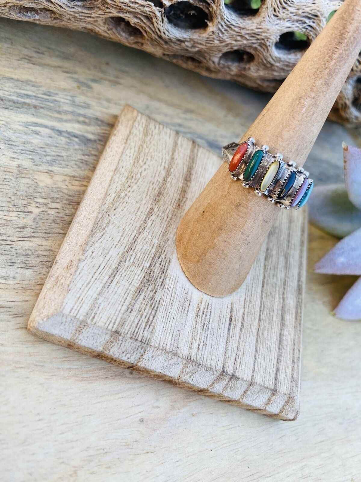 Handcrafted Sterling Silver & Multi Stone Needlepoint Band Ring