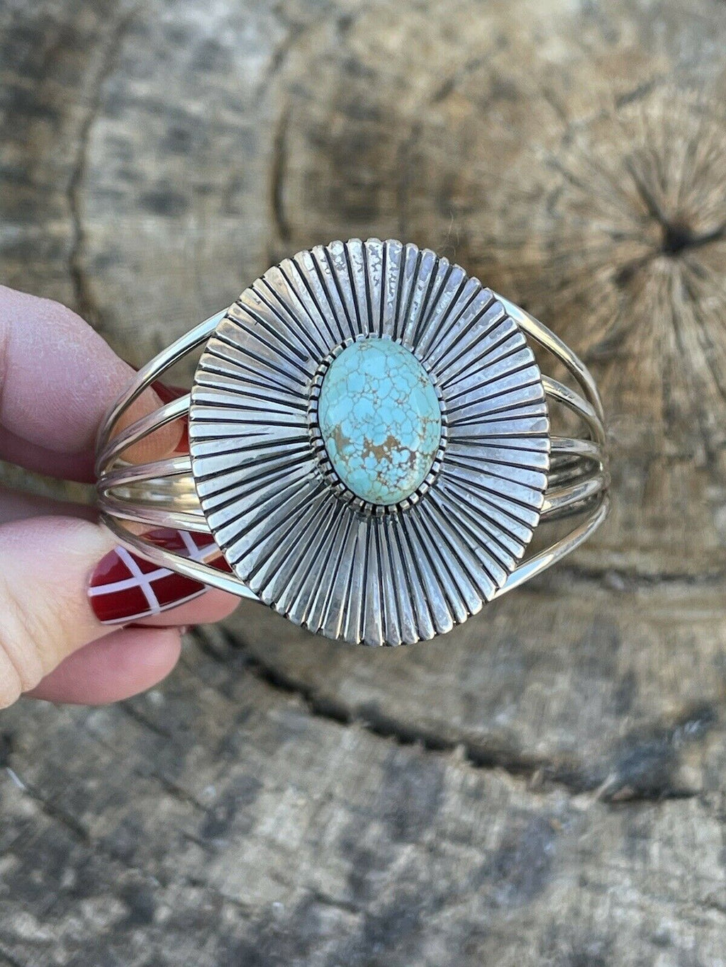 Handcrafted Sterling Silver & Number 8 Turquoise Signed Lined Cuff Signed