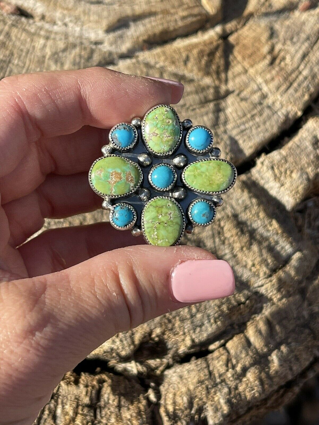 Handcrafted Sterling Sonoran Gold And Golden Hills Turquoise Cluster Ring Size 7