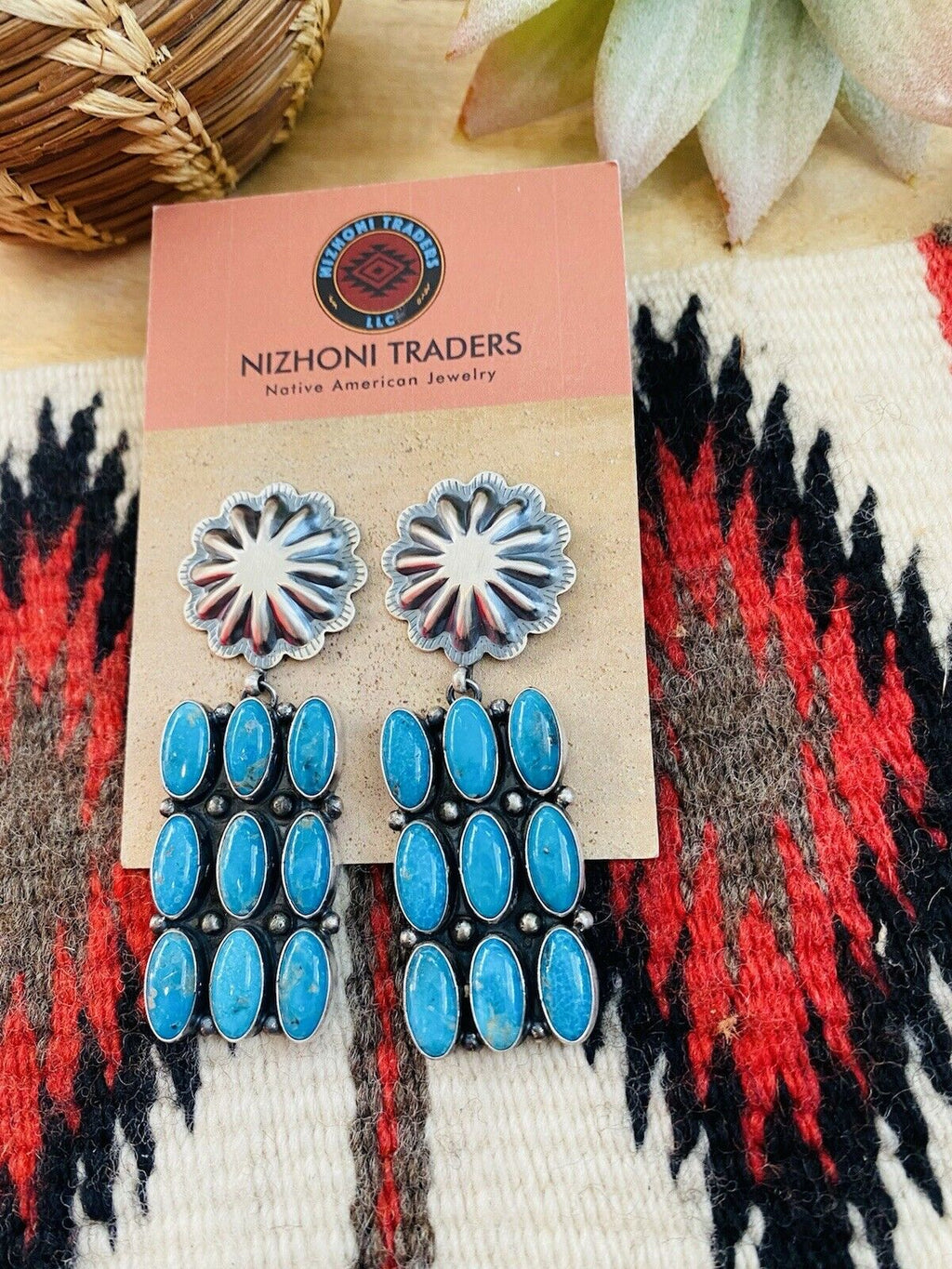 Handcrafted Turquoise & Sterling Silver Cluster Dangle Earrings Signed