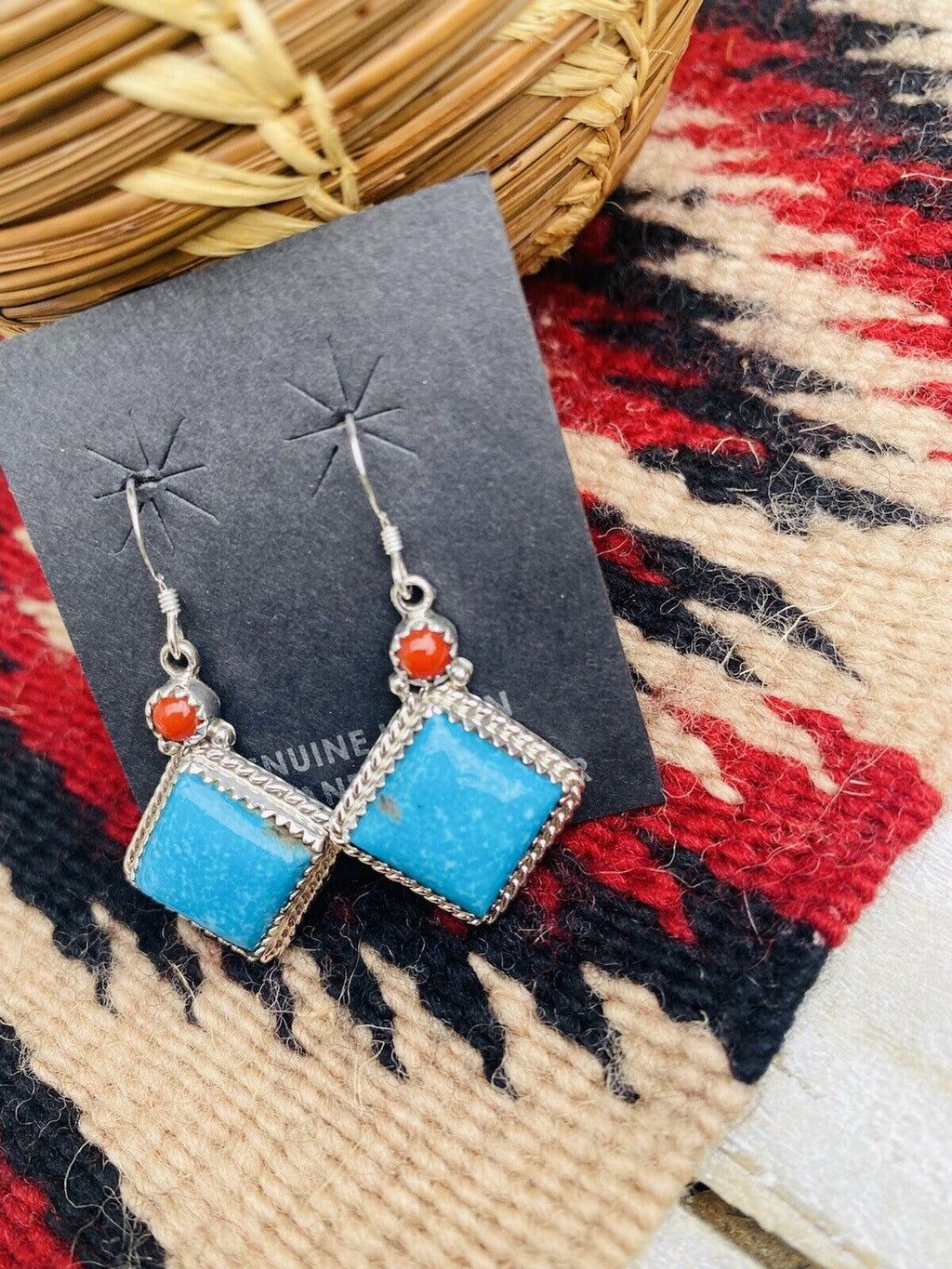 Handcrafted Turquoise, Coral & Sterling Silver Dangle Earrings