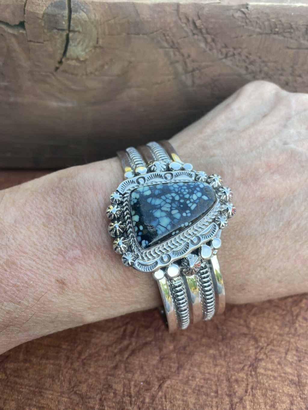 Handcrafted New Lander Turquoise & Sterling Silver Bracelet Cuff Signed