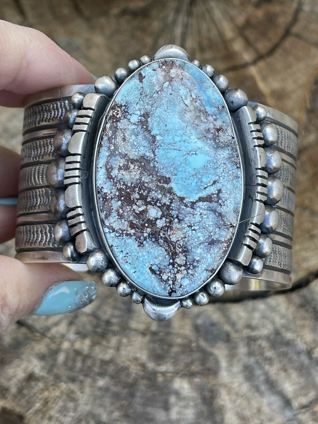 Handcrafted Handmade Sterling Silver & Number 8 Turquoise Signed Cuff Signed