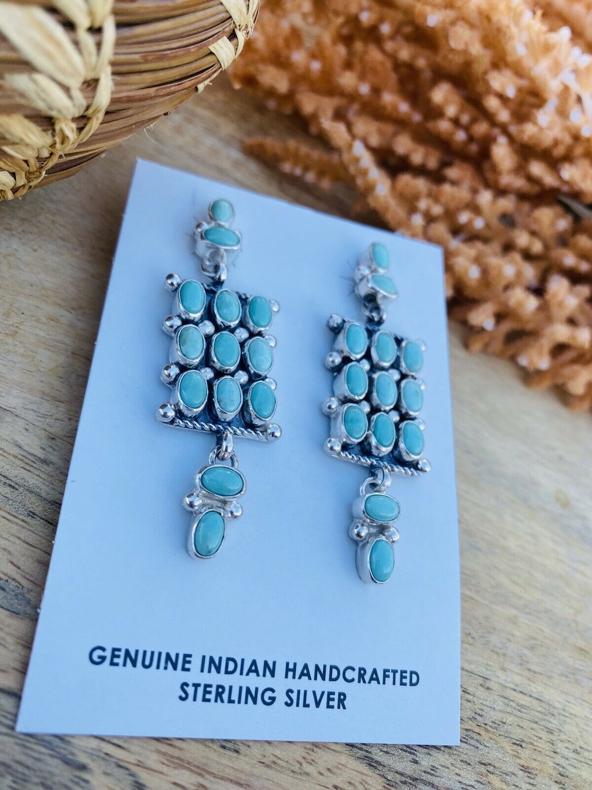 Handcrafted Turquoise & Sterling Silver Cluster Dangle Earrings Signed