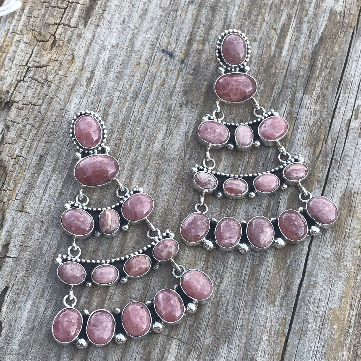 Sterling Silver Rhodochrosite Stone Dangle Earrings Artist E. Spencer